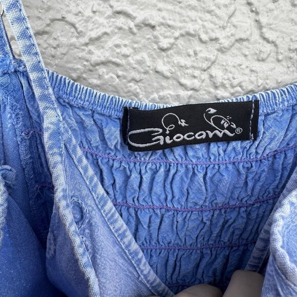 VTG Giocam Blue Embroidered Floral Midi Dress Frayed Hem Ruching V Neck Med - Picture 6 of 9